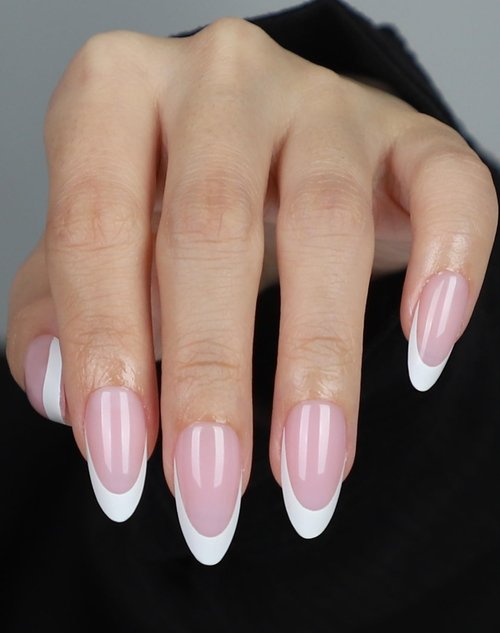 LY LANYOS Press On Nails Almond, Glossy Fake Nails, Supremely Fit Glue on Nails, Reusable Stick on nails with Nail Glue in 16 Sizes, 32 Pcs, a-Pink French