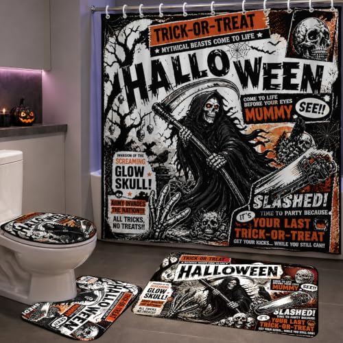 Gothic Skull Halloween Shower Curtain Set with Toilet Seat Cover Bath Rug & Hooks - Vintage Style