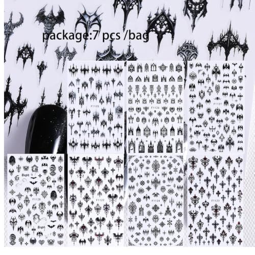 Halloween Black Gothic Nail Stickers - 7 Sheets Self-Adhesive Nail Decals