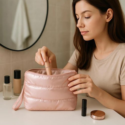 CHIC DIVINNA Quilted Makeup Bag, Pink Metallic Cosmetic Pouch, Puffy Travel Toiletry Bag for Women (Pink)