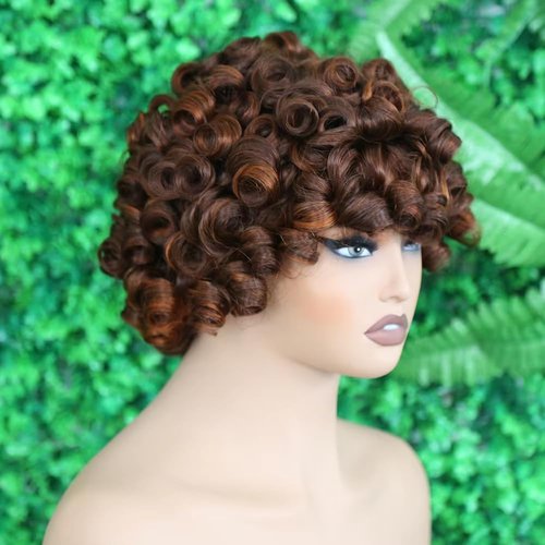 IMAYLI Fringe Bouncy Human Hair Wigs For Black Women Afro Rose Curly Funmi Glueless Wigs with Bangs Short Bouncy Curly Bob Wig With Bang 8Inch 180% Density P4/30