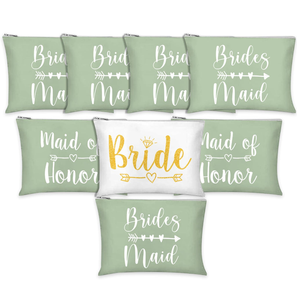 Whaline 8Pcs Bridesmaids Makeup Bags Wedding Bridal Cosmetic Canvas Organizer Bag Sage Green Maid of Honor Zipper Cosmetic Pouch for Women Wedding Bridal Shower Party Favor Supplies