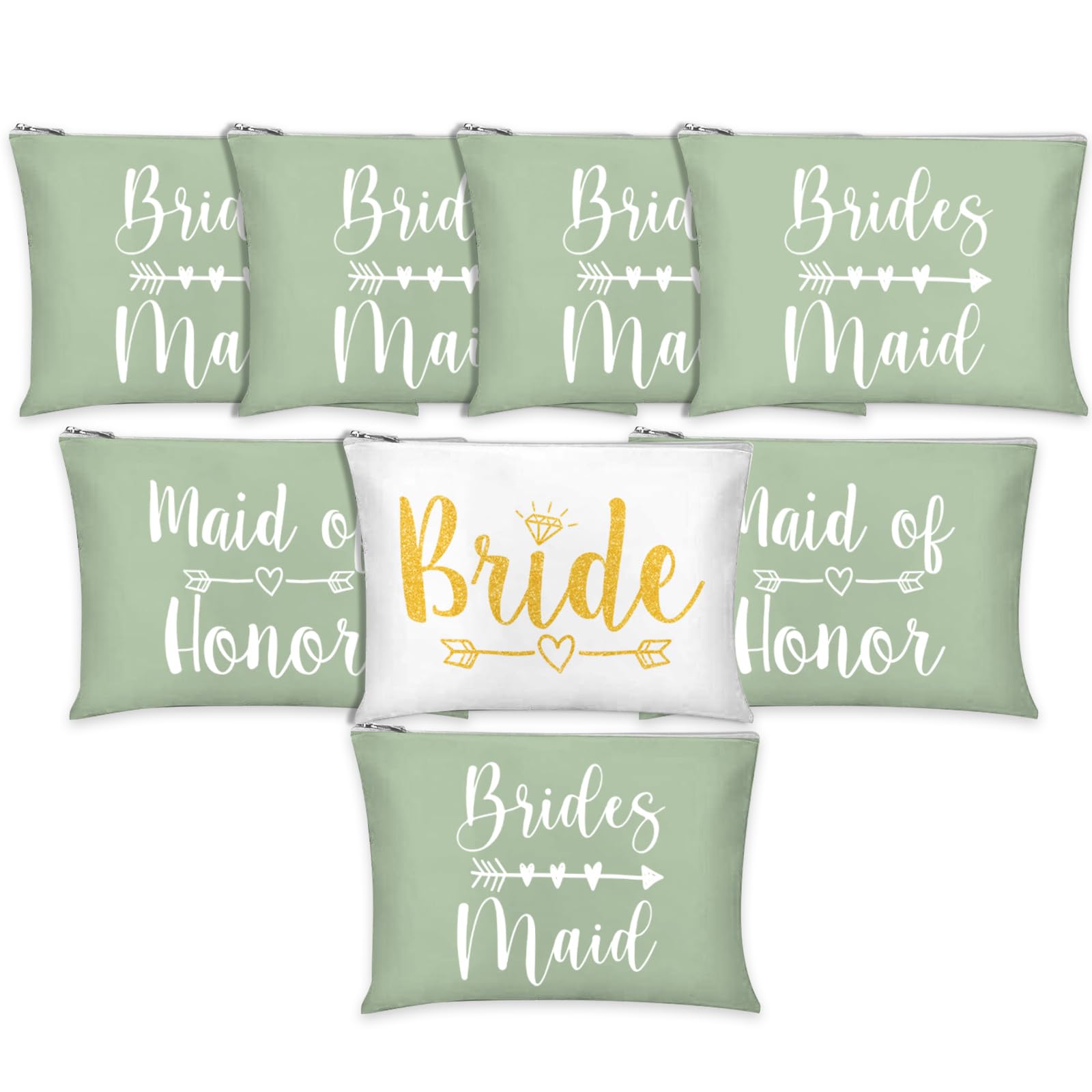 Whaline 8Pcs Bridesmaids Makeup Bags Wedding Bridal Cosmetic Canvas Organizer Bag Sage Green Maid of Honor Zipper Cosmetic Pouch for Women Wedding Bridal Shower Party Favor Supplies