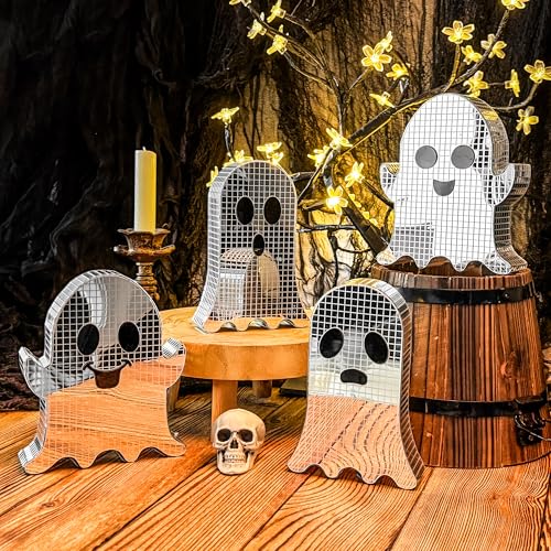 Halloween Disco Ghost Decor Set - 4 Mirrored Spooky Tabletop Decorations