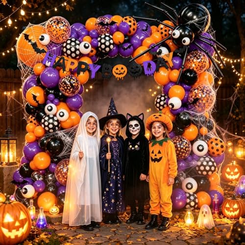 Halloween Birthday Party Decorations Set with Balloon Arch and Web - 149 pcs