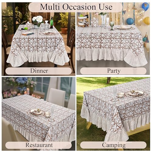 Ridhi Oak Brown Ruffle Hand Block Print Cotton Tablecloth 60x120 Inches - Rectangular