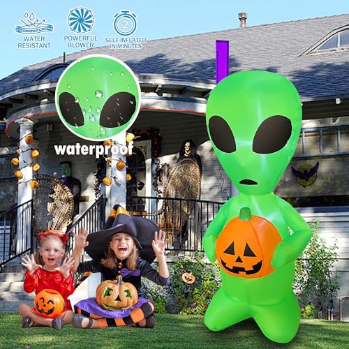 4FT Halloween Inflatable Alien with Pumpkin Decor and LED Lights