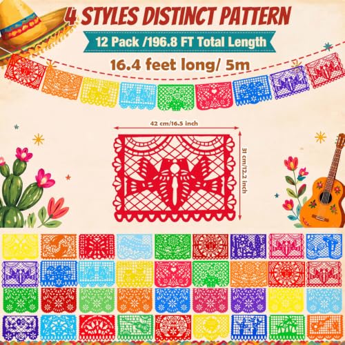 196 Ft Papel Picado Banner Mexican Fiesta Party Decor - Botanical & Nature Design, 12 Pack
