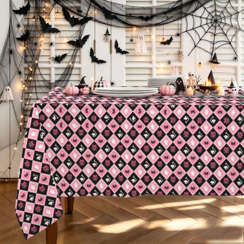 Cute Checkered Halloween Tablecloth 60x84 Inch Rectangular Pink & Black Pumpkin Ghost Web Decor