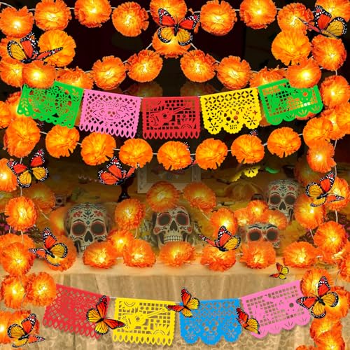 Artificial Marigold Garland Set with Lights for Dia de Los Muertos & Diwali Decorations - 40Ft, 80 Lights, Butterfly & Papel Picado