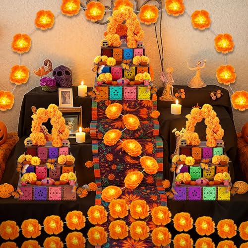 Dia de Los Muertos Ofrenda Wooden Box Set - 102 Pcs with Marigold Garland & Butterflies - Fresh Variation