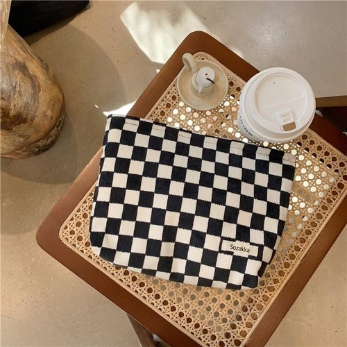 BIVIZKU Travel Checkered Makeup Bag, Corduroy Cosmetic Bag for Purse, Small Cosmetic Zipper Pouch Cute Travel Checkered Makeup Bag Gift for Women,Girls (black)