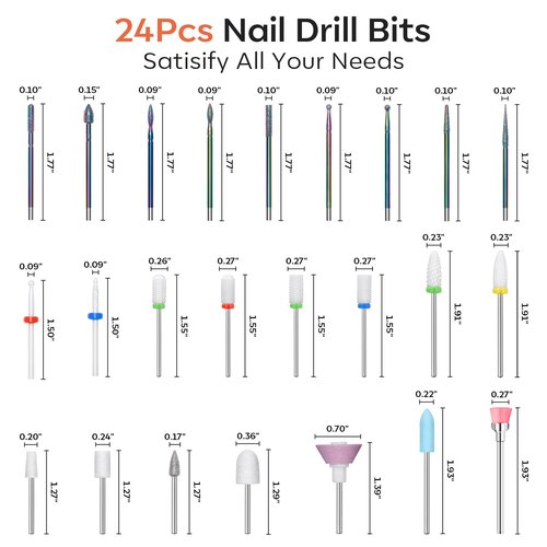 Modelones 24 Pcs Nail Drill Bit Set, 3/32” Ceramic Diamond Carbide Nail Drill Bits, Acrylic Gel Nail Bit Kit, Cuticle Remover Bits for Acrylic Gel Dip Powder Nail Manicure Pedicure