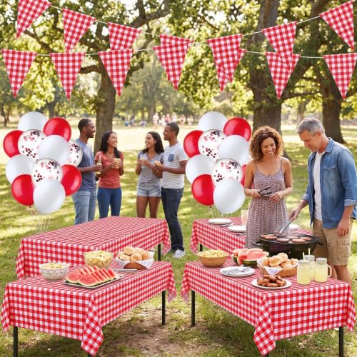 Gingham Party Supplies Set with Tablecloths Balloons & Flags - Red & White