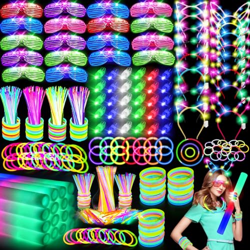 Glow in the Dark Party Supplies Set with LED Glasses, Foam Sticks & Headbands for Events