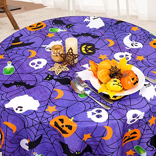 Halloween Purple Spider Web Tablecloth - Round 60 Inch Waterproof Decor