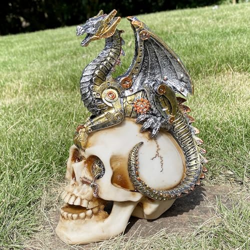 Steampunk Dragon on Human Skull Statue Gothic Decor Collectible