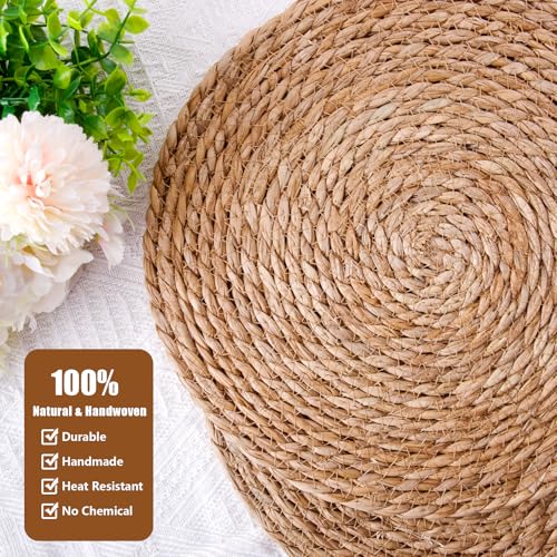 Natural Woven Placemats Set of 4 - 12 Inch Round Boho Rattan Water Hyacinth