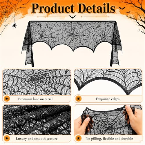 Halloween Fireplace Mantel Scarf - Black Lace Spiderweb Decor 18x96 Inches