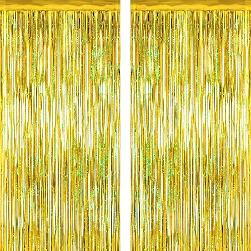 Gold Tinsel Foil Fringe Curtains - 2 Pack, 3.28 ft x 6.6 ft Party Backdrop