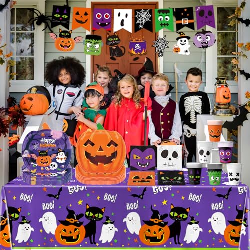 Halloween Party Supplies Set - Pumpkin Paper Plates Cups Napkins Banner Tablecloth - 74 Pieces for Festive Celebration