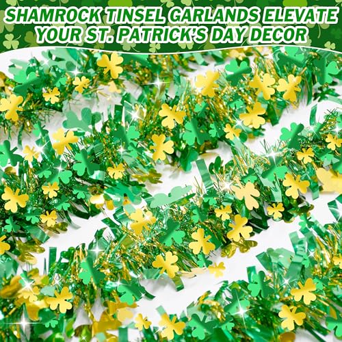 Gold Green Shamrock Tinsel Garland - 66FT St Patrick's Day Decor, Shiny Metallic Streamer for Indoor Outdoor Irish Party Supplies - Variation of Gold Green