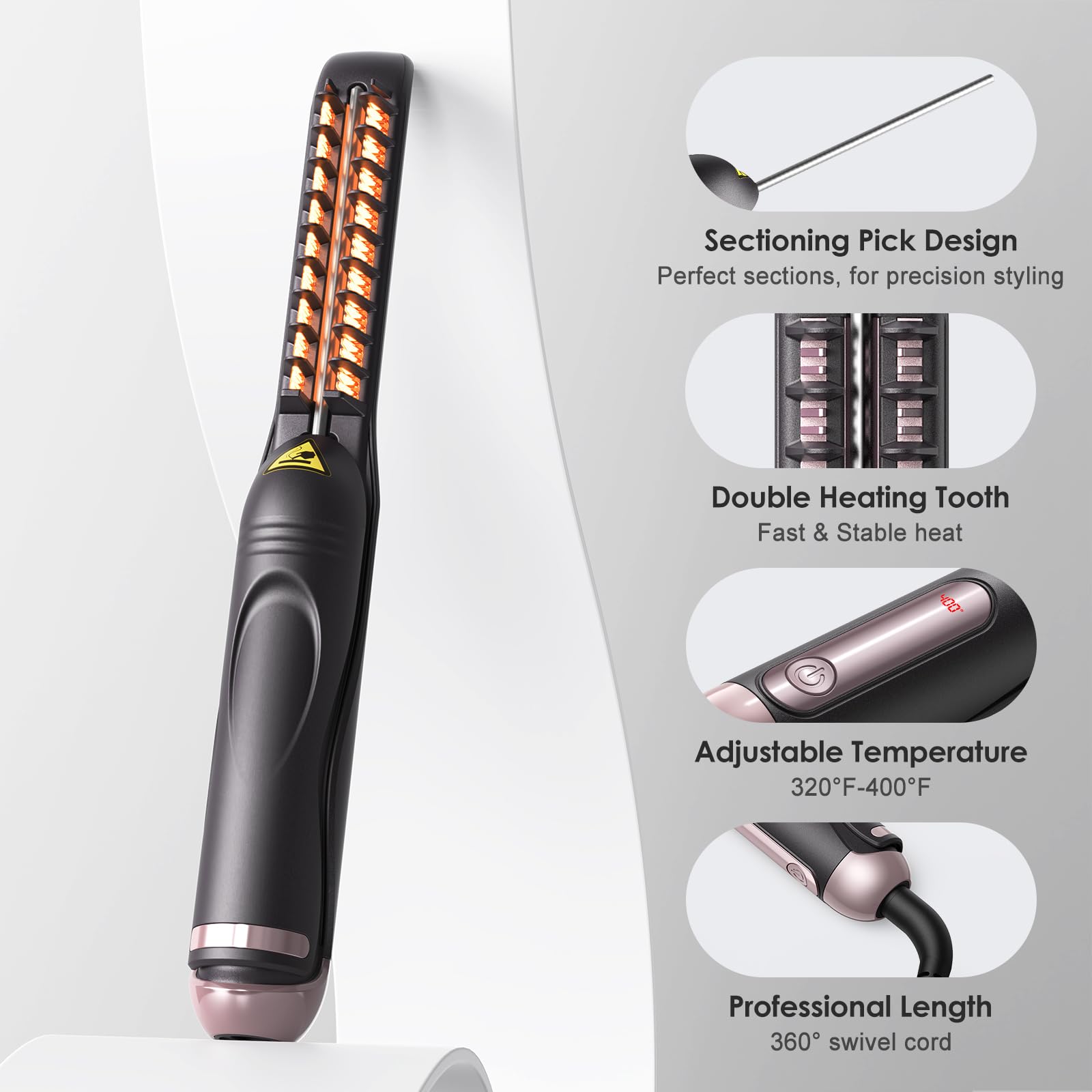 Yiiho Hair Straightener Brush, Straightening Brush with Sectioning Pick for Women & Men, 2 in 1 Hair Straightener Comb with 3 Temperature Settings, Hot Comb Flat Iron for Straightening & Curling