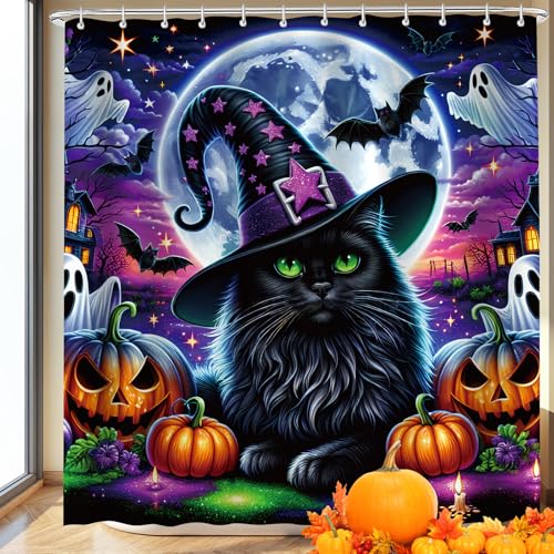 Halloween Shower Curtain with Spooky Castle and Black Cats - Waterproof Polyester