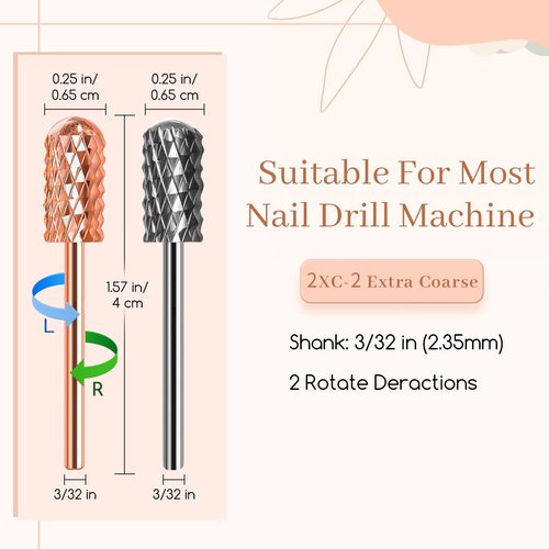 Nail Drill Bits, 2 Pcs Safety Nail Bits for Nail Drill, 3/32'' Tungsten Carbide Nail Drill Bit, Smooth Round Top Large Barrel Bits, Nail Supplies for Nail Tech to Remove Acrylic Nails (2XC)