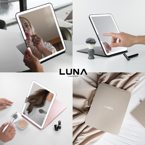 LUNA London Eclipse LED Lighted Travel Vanity Makeup Mirror | 3 Colour Light, Compact, Portable, Lighted, Rechargeable, Illuminated Mirror | Perfect for Travel, Makeup & Beauty Needs | Forest Green