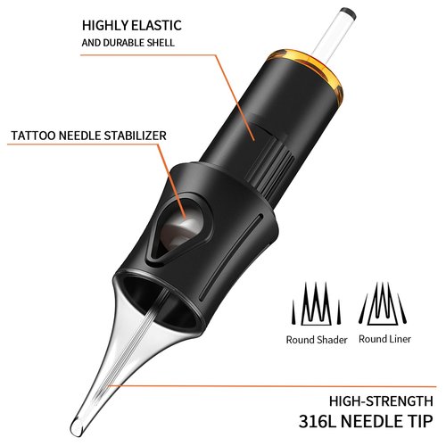 Ackbun 50 Assorted Tattoo Cartridge Needles Mixed Size #12 Standard Round Liner Shader Magnum - 5Pcs each of 5RL, 7RL, 9RL, 11RL, 5RS, 9RS, 15M1, 21M1, 15RM, 21RM Pro Disposable Tattoo Needles