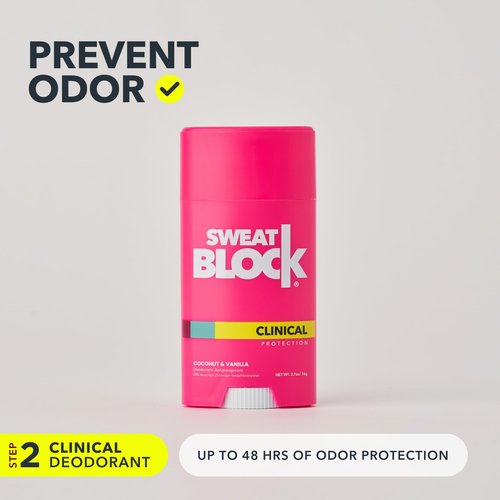 SweatBlock Antiperspirant Deodorant System | MAXIMUM CLINICAL STRENGTH for Men & Women | Hyperhidrosis Aid for up to 7 Days Sweat Control | Roll On 1.2 fl oz + Coconut & Vanilla Deo Stick 2.7oz