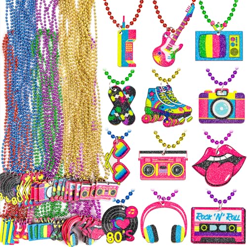 36PCS 80s Party Beads - Neon Disco Rock Accessories for Women & Teens - Retro Costume Favors
