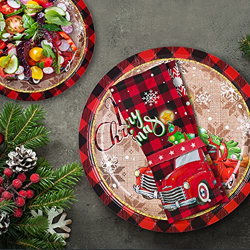 Christmas Disposable Paper Plates and Napkins Set - Pickup Truck & Tree Design - Serves 50