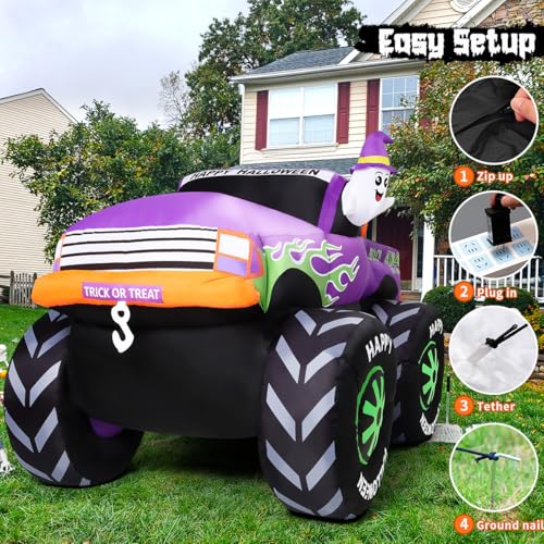 8 FT Halloween Inflatable Monster Truck with Ghost & Pumpkins Outdoor Decor