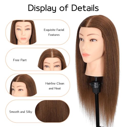 MQHIHI Mannequin Head Human Hair, 100% Real Hair Cosmetology Manikin Head for Practice Braiding Hairstyling Cutting with Free Clamp Holder and Tools (100% Brown)