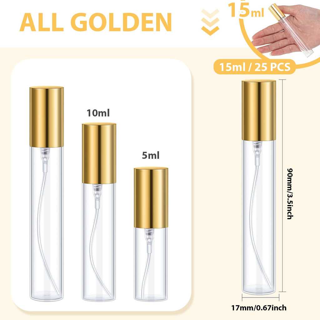 Yinder 25 Pcs 15 ml Glass Refillable Perfume Bottles Bulk Travel Empty Perfume Atomizer Sprayers Portable Spray Bottles Mini Sample Fragrance Containers, Gold