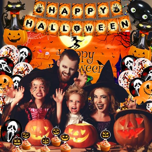 Halloween Party Decorations Set Pumpkin Theme with Banner Balloons & Cake Toppers
