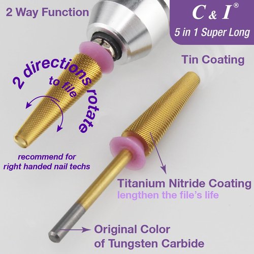 C&I 5 in 1 Nail Drill Bit Super Long Slim Efile Professional Nail Bits Nail Tech Must Have for Extension Nails Acrylic Powder Hard Gel Nail Tip Cuticle Remover Nail Supplies (Double Fine -XXF)
