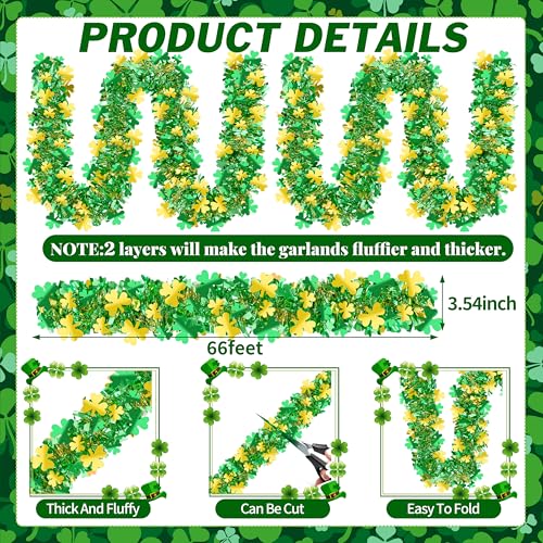 Gold Green Shamrock Tinsel Garland - 66FT St Patrick's Day Decor, Shiny Metallic Streamer for Indoor Outdoor Irish Party Supplies - Variation of Gold Green
