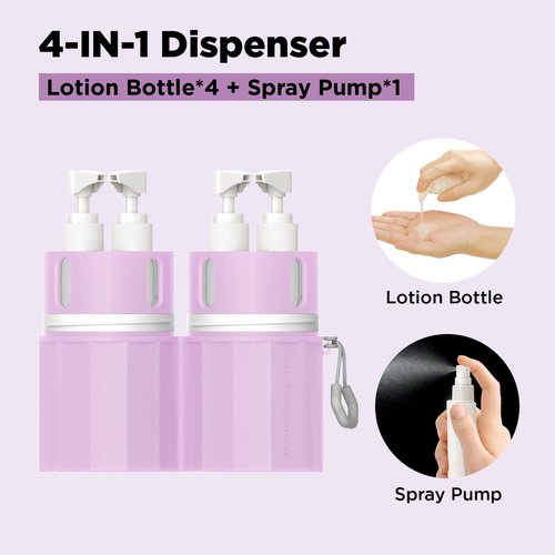 TechoEcho 4 in 1 Travel Toiletry Containers,TSA Approved Refillable Travel Size Toiletries Bottles Set with Suction Cup for Smooth Walls - for Shampoo,Conditioner,Body Wash,Lotion.(Pink)