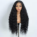 Rebecca Q Water Wavy Wig Long Wavy Lace Front Wig For Women T-Part Natural Hairline Synthetic Wigs Long Black Wig For Daily Cosplay Party 30 inches