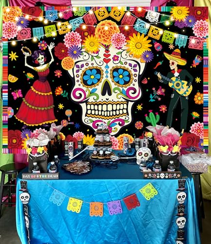 Day of The Dead Photo Backdrop Mexican Fiesta Sugar Skull Flowers Banner 82x59 Inch