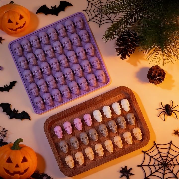 Mini Skull Silicone Mold for Candy & Chocolate - 2 Pack Halloween Gummy Ice Cubes - Pink & Purple