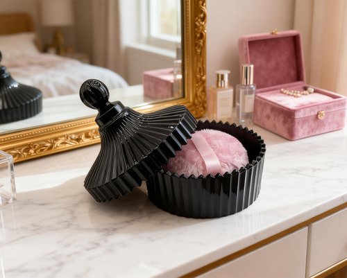 4.3 Inch Ultra Fluffy Body Powder Puff & 5.3 Inch Large Glass Jar Set,Dusting Powder Container with Puff,Multi-purpose Storage Holder Dish,Gothic Decor for Bedroom,Bathroom,Home(Black)