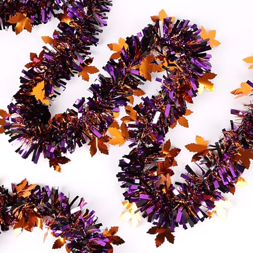 Purple Halloween Tinsel Garland 33ft Glitter Maple Decor for Home & Party