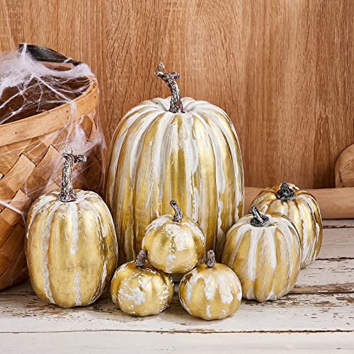 Artificial Pumpkins Decor Set - White Gold, 7 Pieces Fall Halloween Thanksgiving