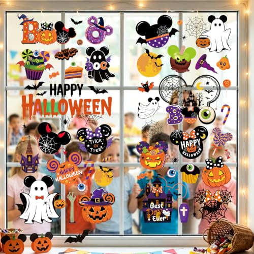 Halloween Mouse Window Clings - Ghost and Pumpkin Decor, 9 Sheets, Reusable Static Clings for Glass Doors & Windows - Halloween Party & Classroom Decorations