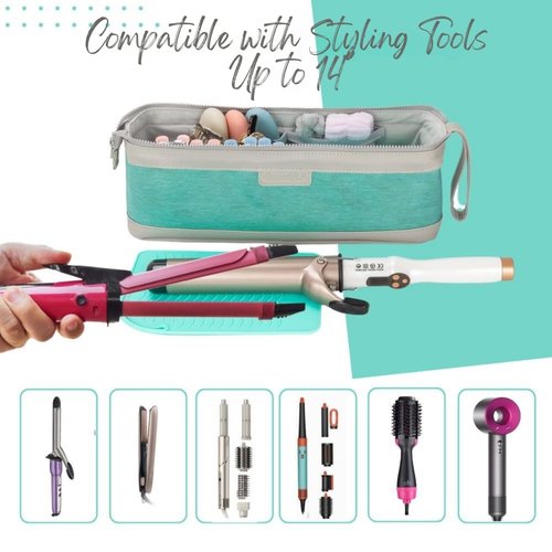 BeautyLA ‍Hair Tool Travel Bag with Heat Resistant Mat – Travel Case for Curling Iron, Straightener, Dy son Air wrap, Shark FlexStyle – Waterproof Organizer with Silicone Bottles