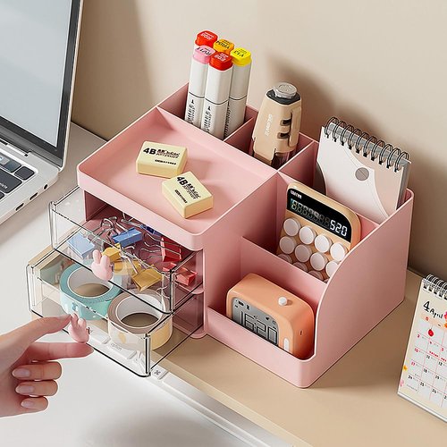 Makeup Storage Organizer with 2 Drawers, Desk Vanity Countertop Skin Care Cosmetic Display Case Make up Stands for Hair Accessories Lipstick Lotions Beauty Skincare Organizing (Pink)